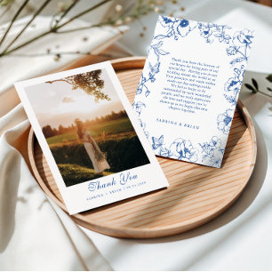Elegant Royal Blue Floral Garden Wedding Photo Thank You Card