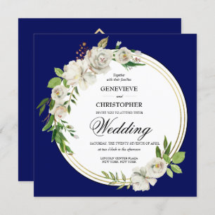 Elegant Royal Blue Floral Gold Wedding Square Invitation