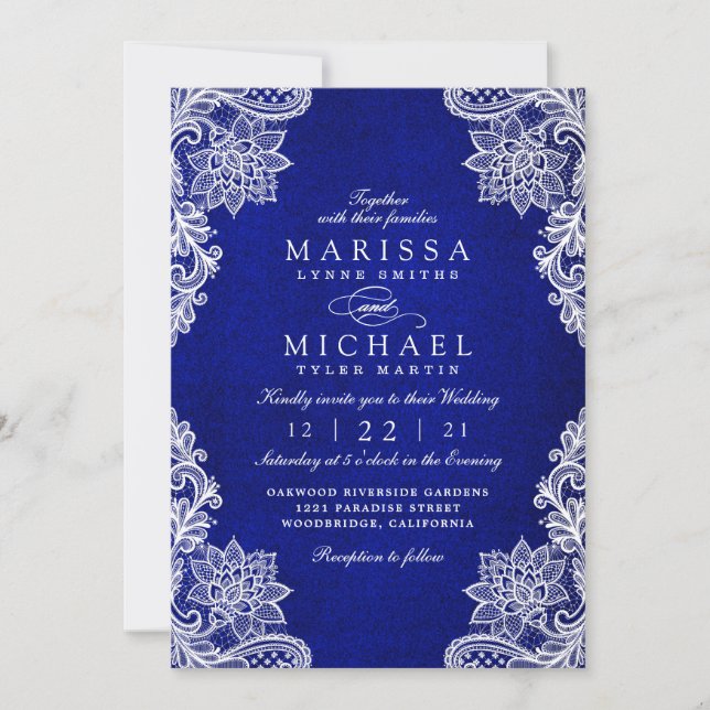 Elegant Royal Blue Floral Lace Wedding Invitation (Front)
