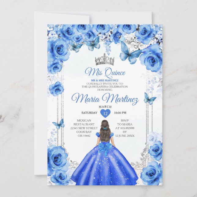 Elegant Royal Blue Floral Princess Mis Quince Invitation (Front)