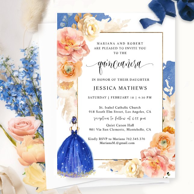 Elegant Royal Blue Floral Princess Quinceañera Invitation (Creator Uploaded)