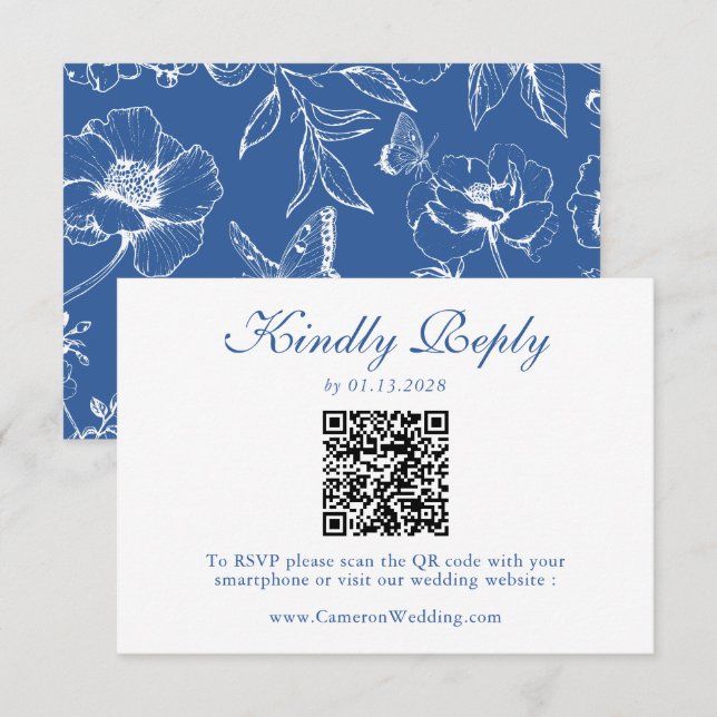 Elegant Royal Blue Floral QR Code Wedding RSVP  (Front/Back)