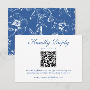 Elegant Royal Blue Floral QR Code Wedding RSVP  Card
