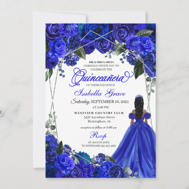 Elegant Royal Blue Floral Quinceanera Birthday Inv Invitation (Front)