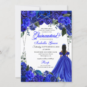 Elegant Royal Blue Floral Quinceanera Birthday Inv Invitation