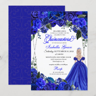 Elegant Royal Blue Floral Quinceanera Birthday Inv Invitation