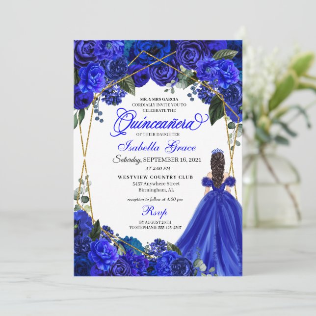 Elegant Royal Blue Floral Quinceanera Birthday  Invitation (Standing Front)
