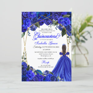 Elegant Royal Blue Floral Quinceanera Birthday  Invitation