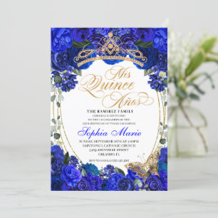 Elegant Royal Blue Floral Quinceanera Birthday Invitation
