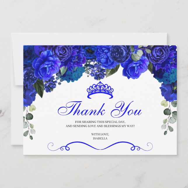 Elegant Royal Blue Floral Quinceanera Thank You (Front)