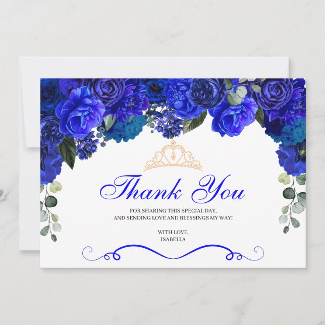 Elegant Royal Blue Floral Quinceanera Thank You Card (Front)