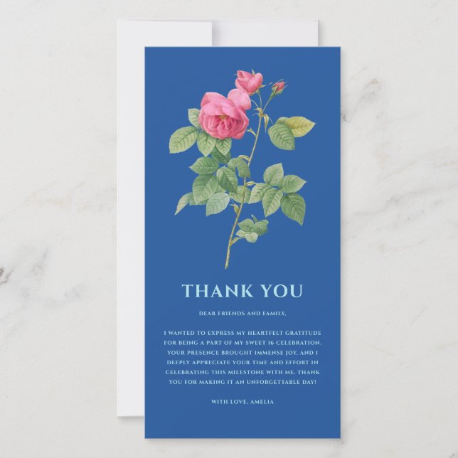 Elegant Royal Blue Floral Thank You Card (Front)