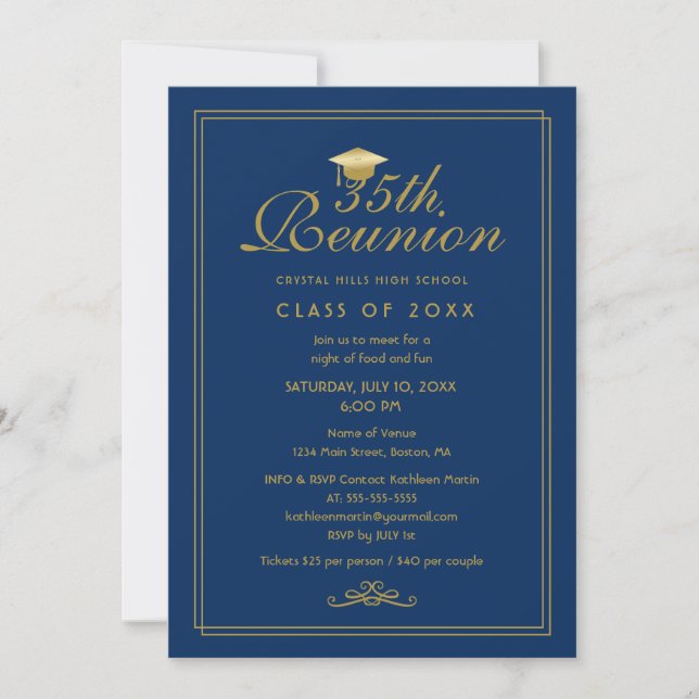 Elegant Royal Blue Gold 35th Class Reunion Invitation (Front)