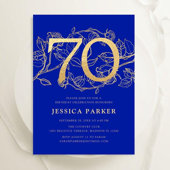 Elegant Royal Blue Gold 70th Birthday Invitation (Creator Uploaded)