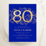 Elegant Royal Blue Gold 80th Birthday Invitation<br><div class="desc">Elegant royal blue gold 80th birthday party invitation. Customisable modern feminine design featuring roses botanical accents and faux glitter gold. Simple floral invite card perfect for a stylish female bday celebration. Personalise with your own details. Printed Zazzle invitations or instant download digital printable template.</div>