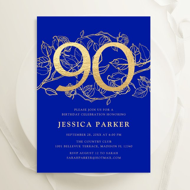 Elegant Royal Blue Gold 90th Birthday Invitation (Creator Uploaded)