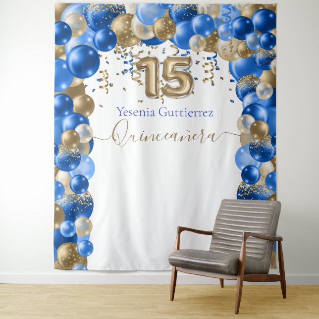 Elegant Royal Blue Gold Balloon Arch Quinceanera Tapestry (In Situ)