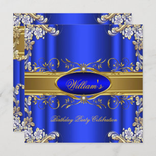 Elegant Royal Blue Gold Birthday Party Floral 4 Invitation