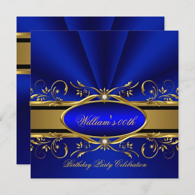 Elegant Royal Blue Gold Birthday Party Invitation (Front/Back)