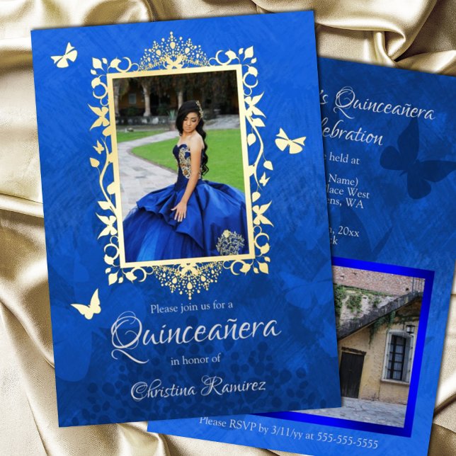 Elegant Royal Blue, Gold Butterflies Quinceanera (Elegant bright blue gold butterflies edge around invitation, gold foil butterfly ornate fancy)