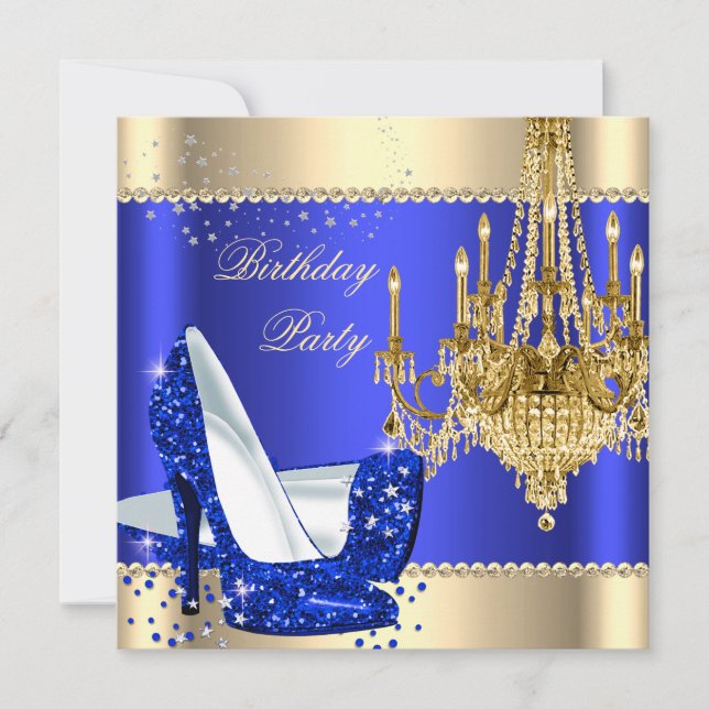 Elegant Royal Blue Gold Cream Chandelier Party Invitation (Front)