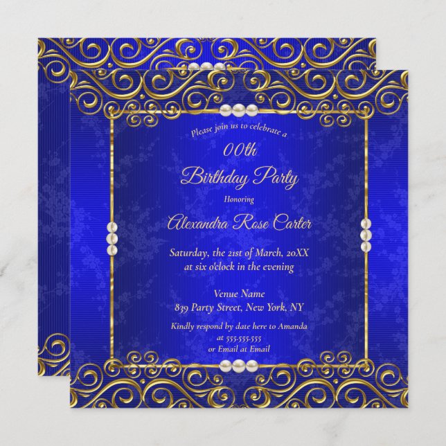 Elegant Royal Blue Gold Cream Pearl Birthday Party Invitation (Front/Back)