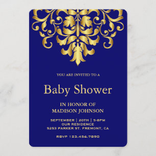 Elegant Royal Blue Gold Damask Baby Shower Invitation