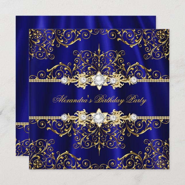 Elegant Royal Blue & Gold Damask Birthday Party Invitation (Front/Back)