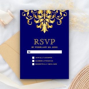 Elegant Royal Blue Gold Damask Wedding RSVP Card