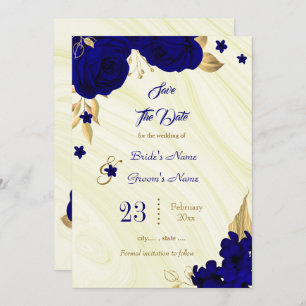 elegant royal blue gold floral leaves save the date