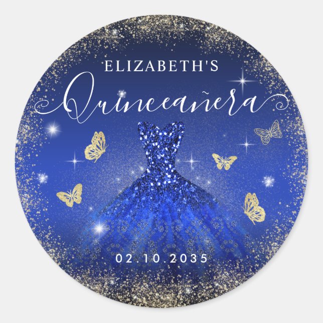 Elegant Royal Blue Gold Glitter Gown Quinceañera Classic Round Sticker (Front)