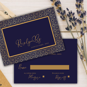 Elegant Royal Blue Gold Intricate Design Wedding RSVP Card