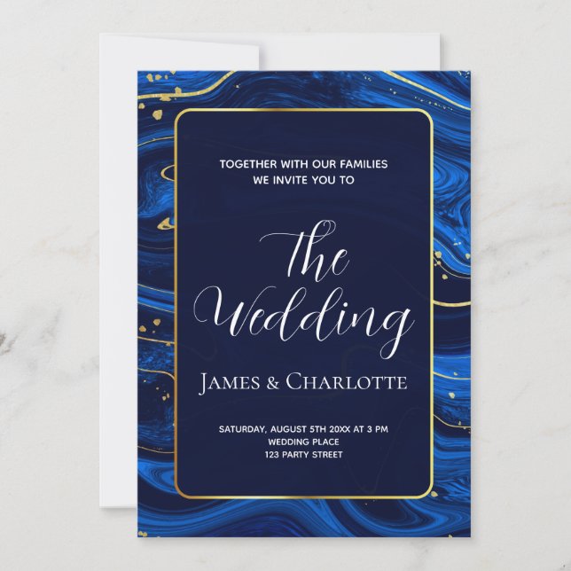 Elegant Royal Blue Gold Lace QR Code Wedding Invitation (Front)