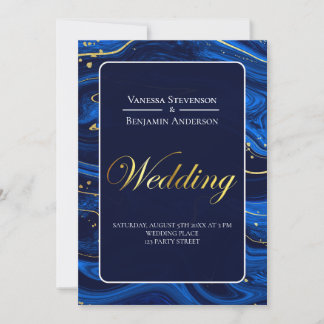 Elegant Royal Blue Gold Lace QR Code Wedding Invitation