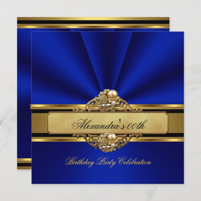Elegant Royal Blue Gold Pearl Birthday Party Invitation (Front/Back)