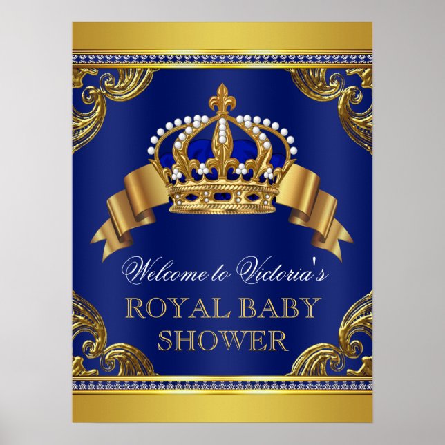 Elegant Royal Blue Gold Prince Baby Shower Signs (Front)