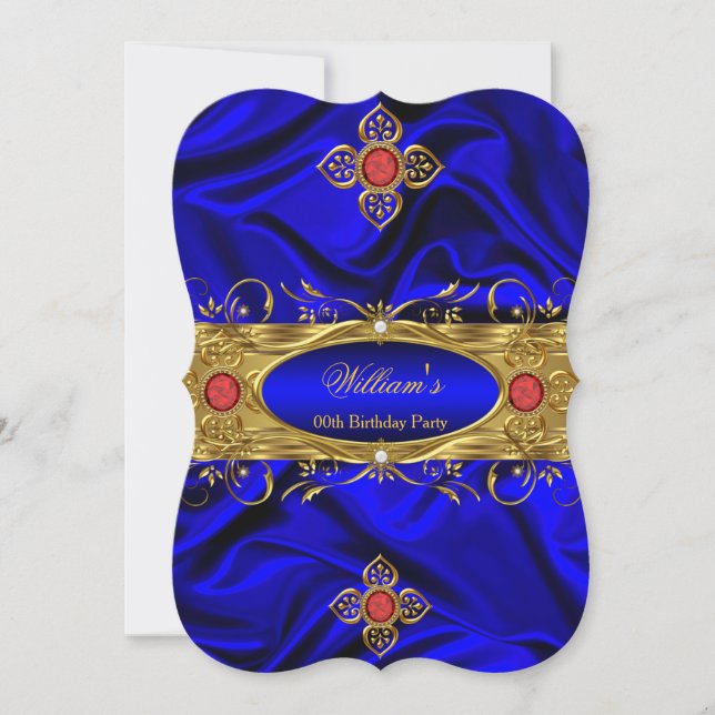 Elegant Royal Blue Gold Red Gems Silk Birthday Invitation (Front)