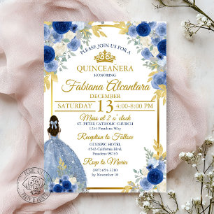 Elegant Royal Blue & Gold Rose Quinceañera Invitation