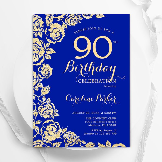 Elegant Royal Blue Gold Roses 90th Birthday Invitation (Creator Uploaded)