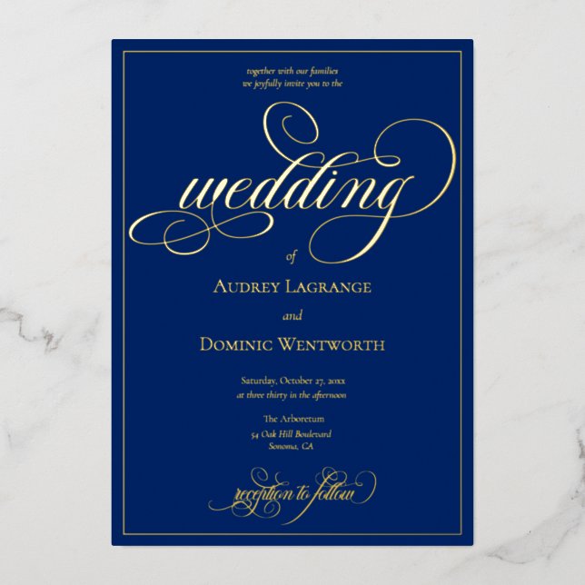 Elegant Royal Blue Gold Script Calligraphy Wedding (Front)
