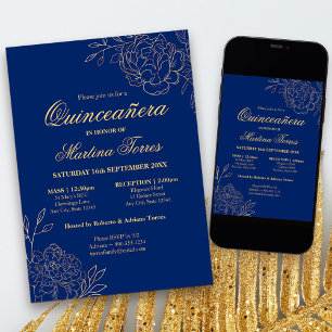 Elegant Royal Blue Gold Sketch Floral Quinceanera Invitation