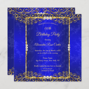 Elegant Royal blue Gold White Pearl Birthday Party Invitation