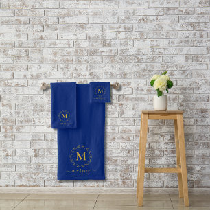 Elegant Royal Blue Gold Wreath Monogram Bath Towel Set