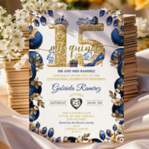 Elegant Royal Blue Golden Tiara Mis Quince  Invitation