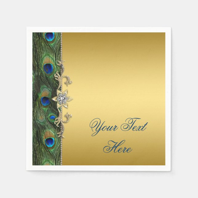 Elegant Royal Blue Green and Gold Peacock Napkin (Front)