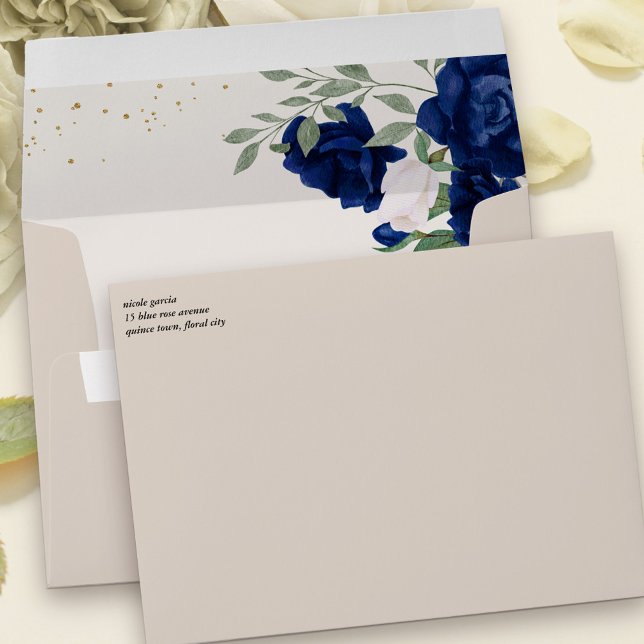 Elegant Royal Blue Ivory Roses Floral Addressed Envelope (Invitation envelopes with blue and ivory roses and option to add return address on the front)