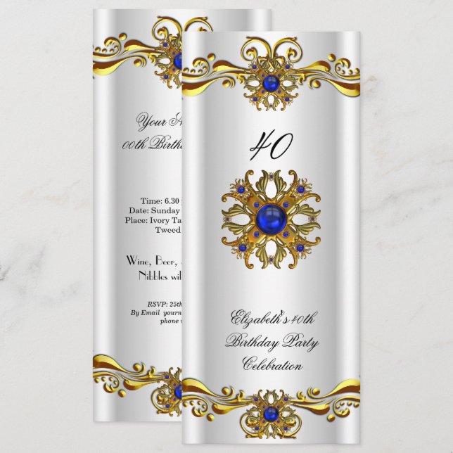Elegant Royal Blue Jewel Gold Birthday Party 2 Invitation (Front/Back)