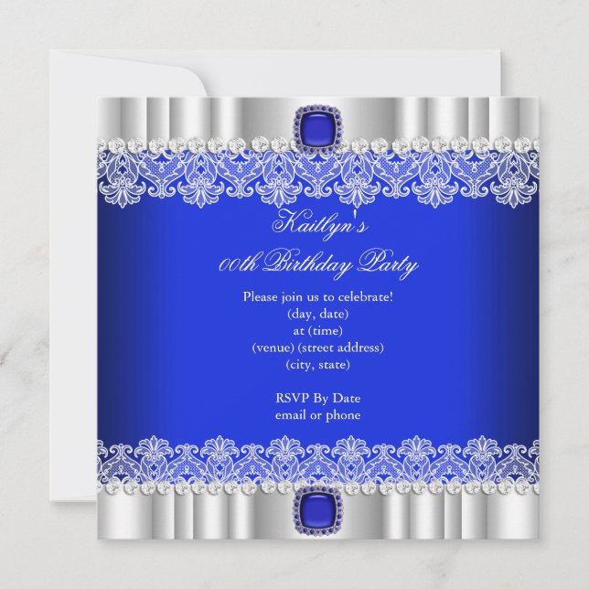 Elegant Royal Blue Lace Silk Birthday Party Invitation (Front)