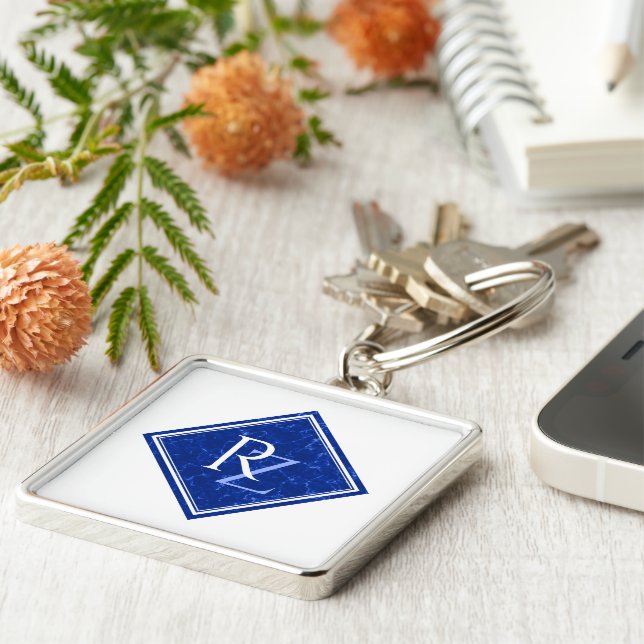 Elegant Royal Blue Marble Diamond Monogram Key Ring (Side)