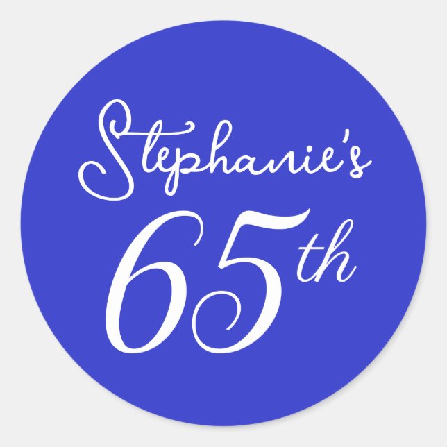 Elegant Royal Blue Monogram 65th Birthday Party Classic Round Sticker (Front)